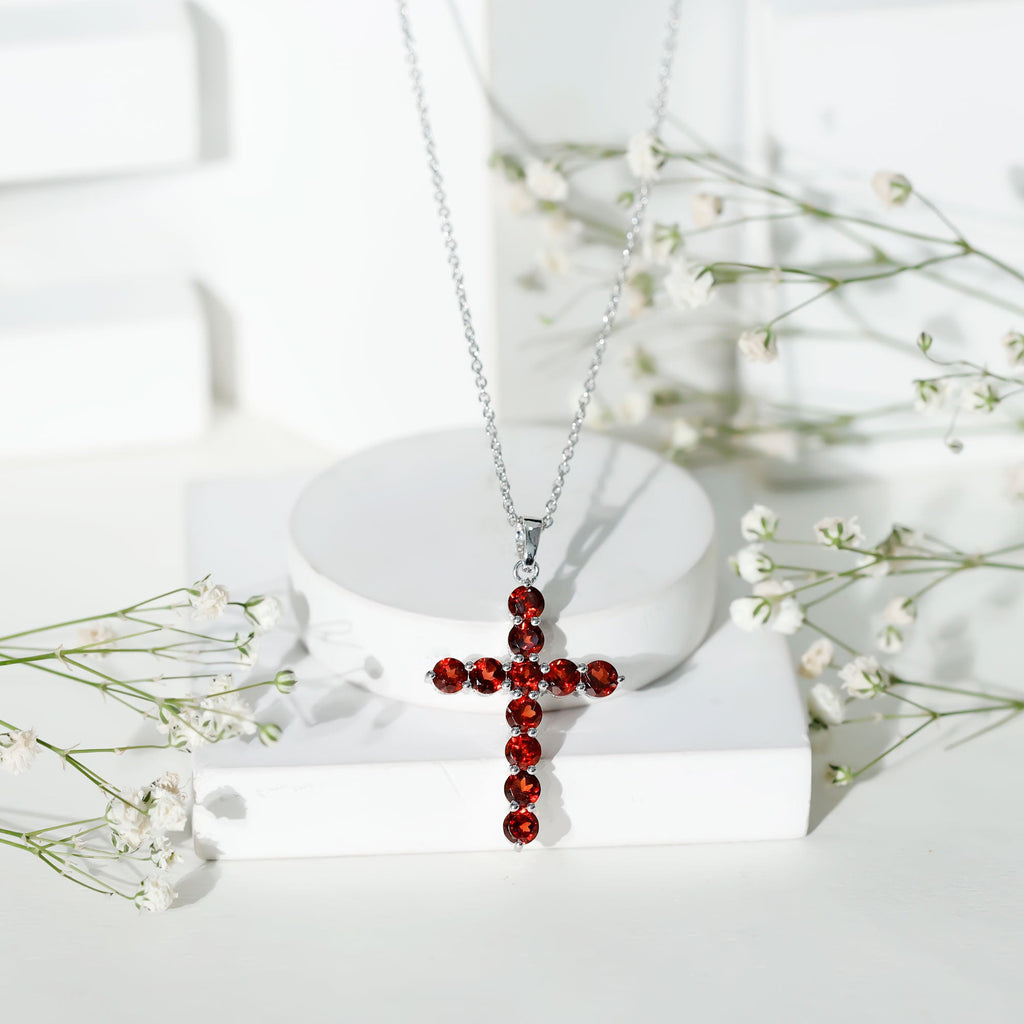 Genuine Garnet Cross Pendant Necklace