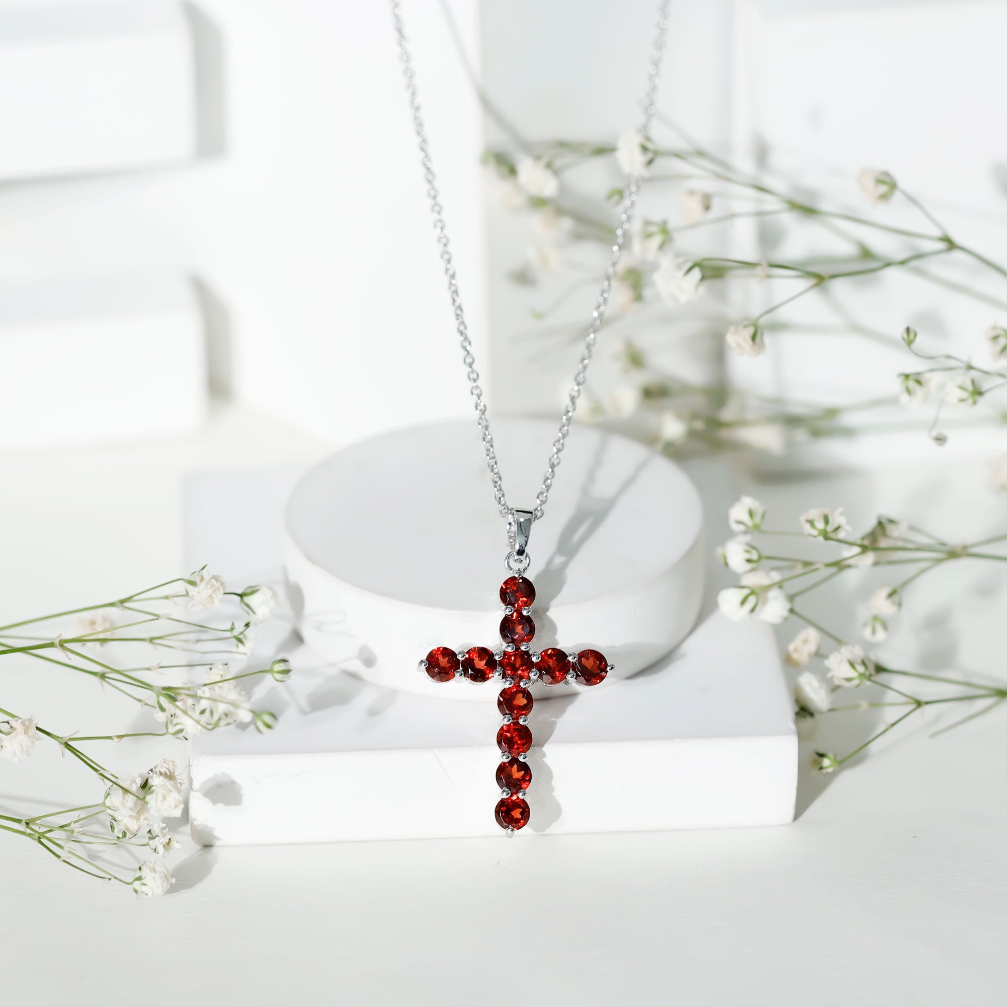 Genuine Garnet Cross Pendant Necklace