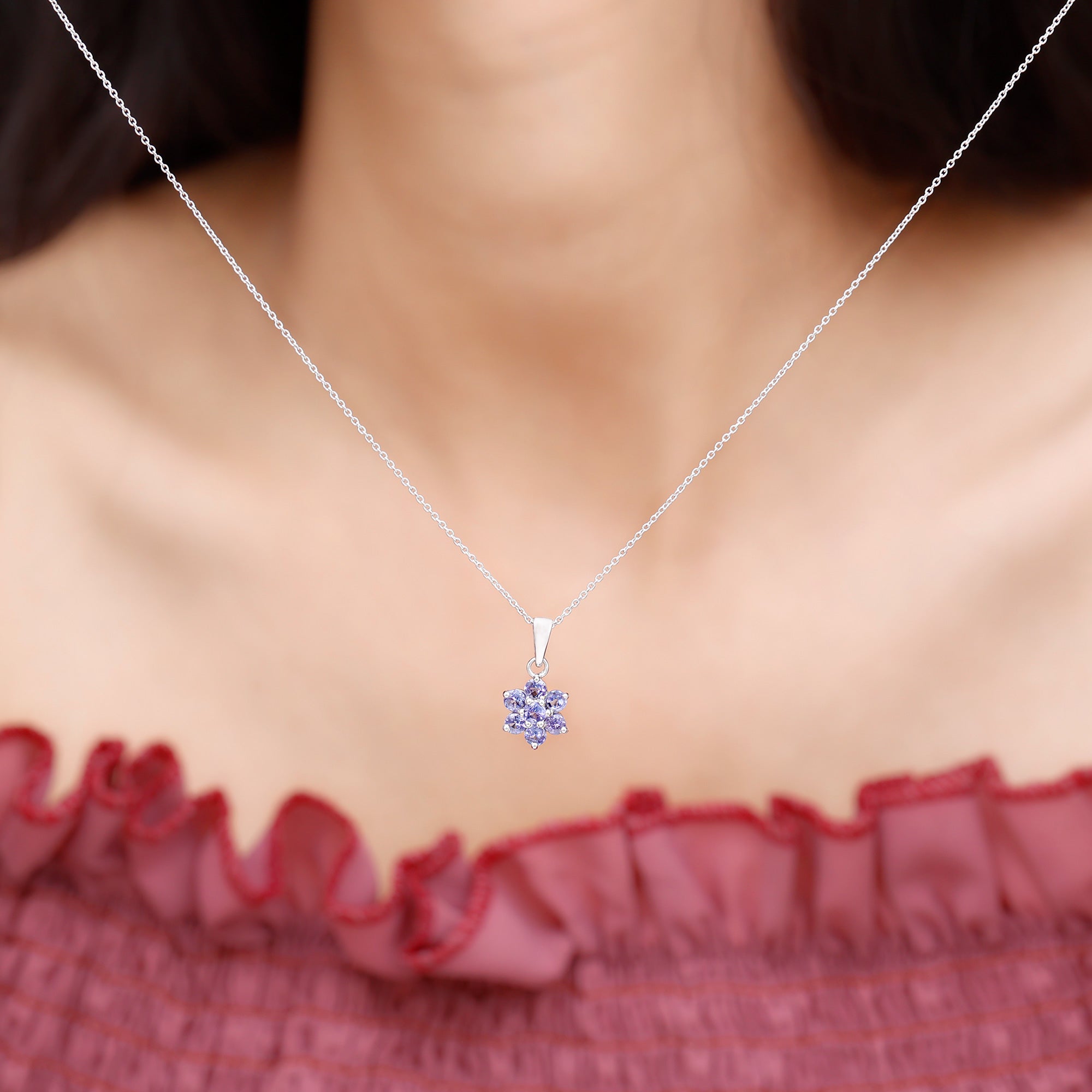 Natural Tanzanite Flower Cluster Pendant Necklace