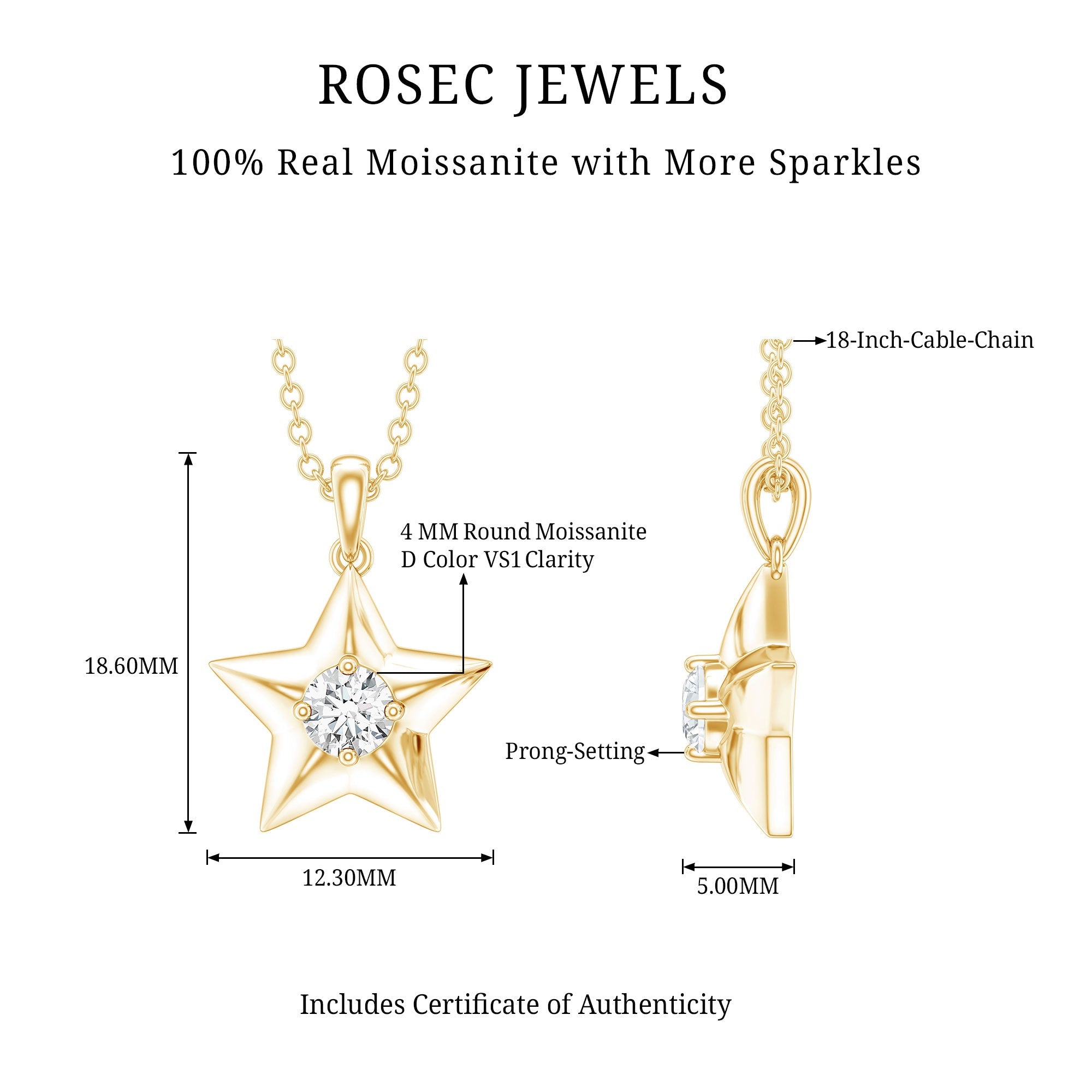 Certified Moissanite Star Pendant Necklace with Chain