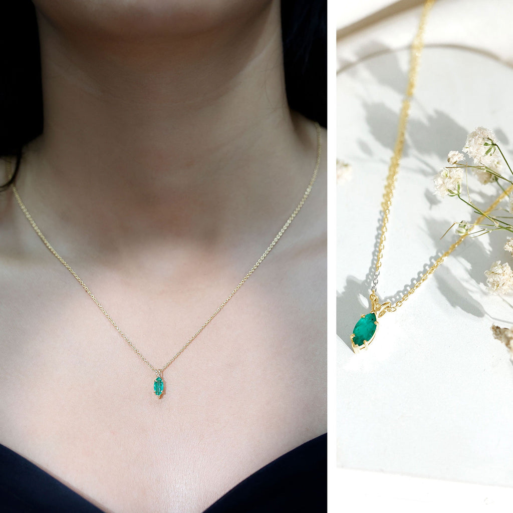 Marquise Cut Emerald Solitaire Pendant Necklace