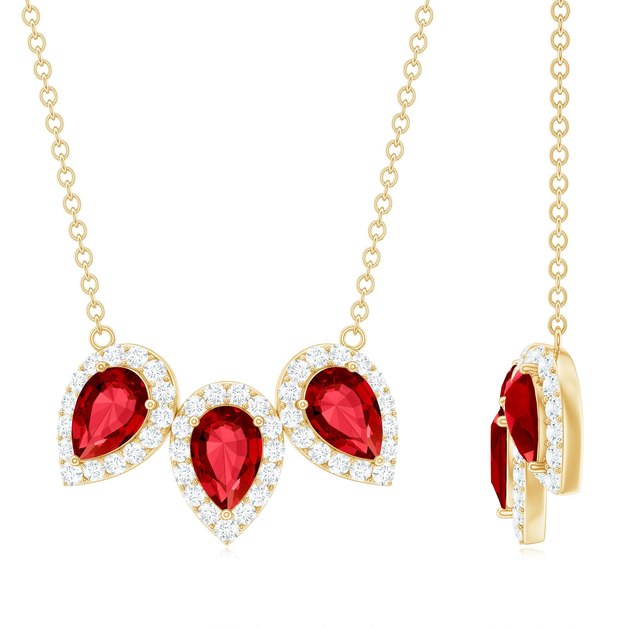 Pear Cut Lab Created Ruby Three Stone Necklace with Moissanite Halo | Pendants | Wiccan Center