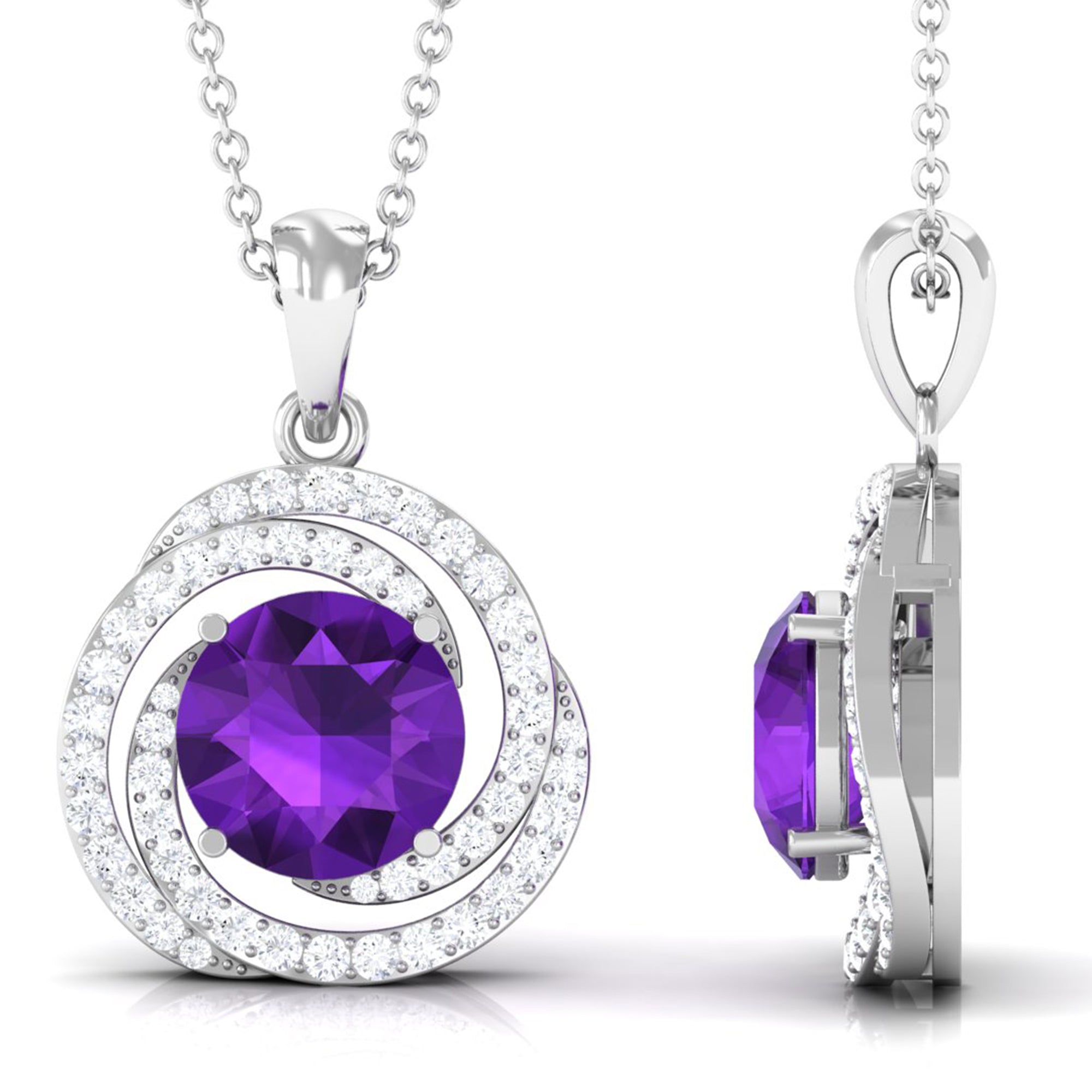 Natural Amethyst and Diamond Swirl Pendant Necklace