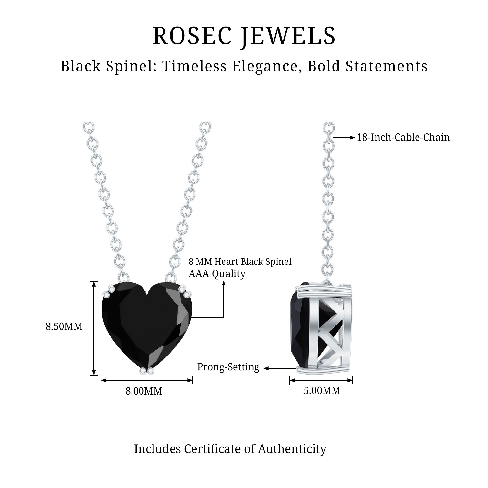 2 Carat Heart Shape Black Spinel Solitaire Necklace in Double Prong Setting