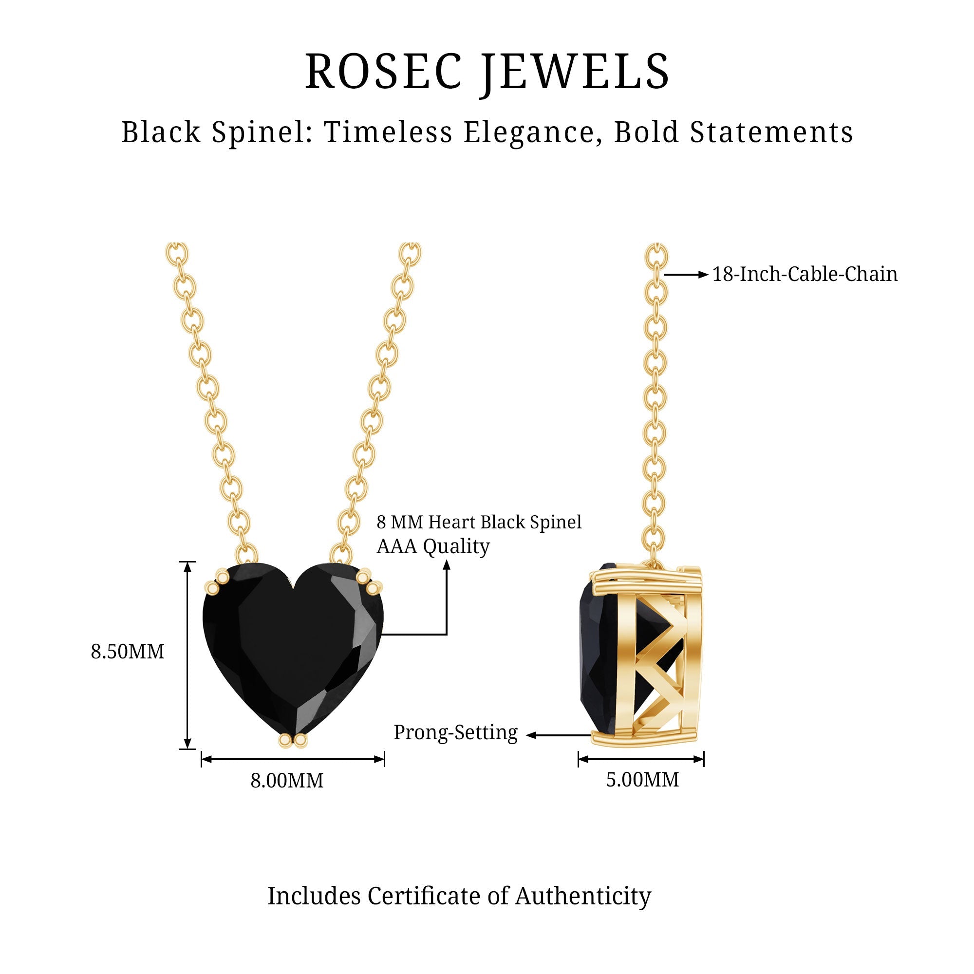 2 Carat Heart Shape Black Spinel Solitaire Necklace in Double Prong Setting