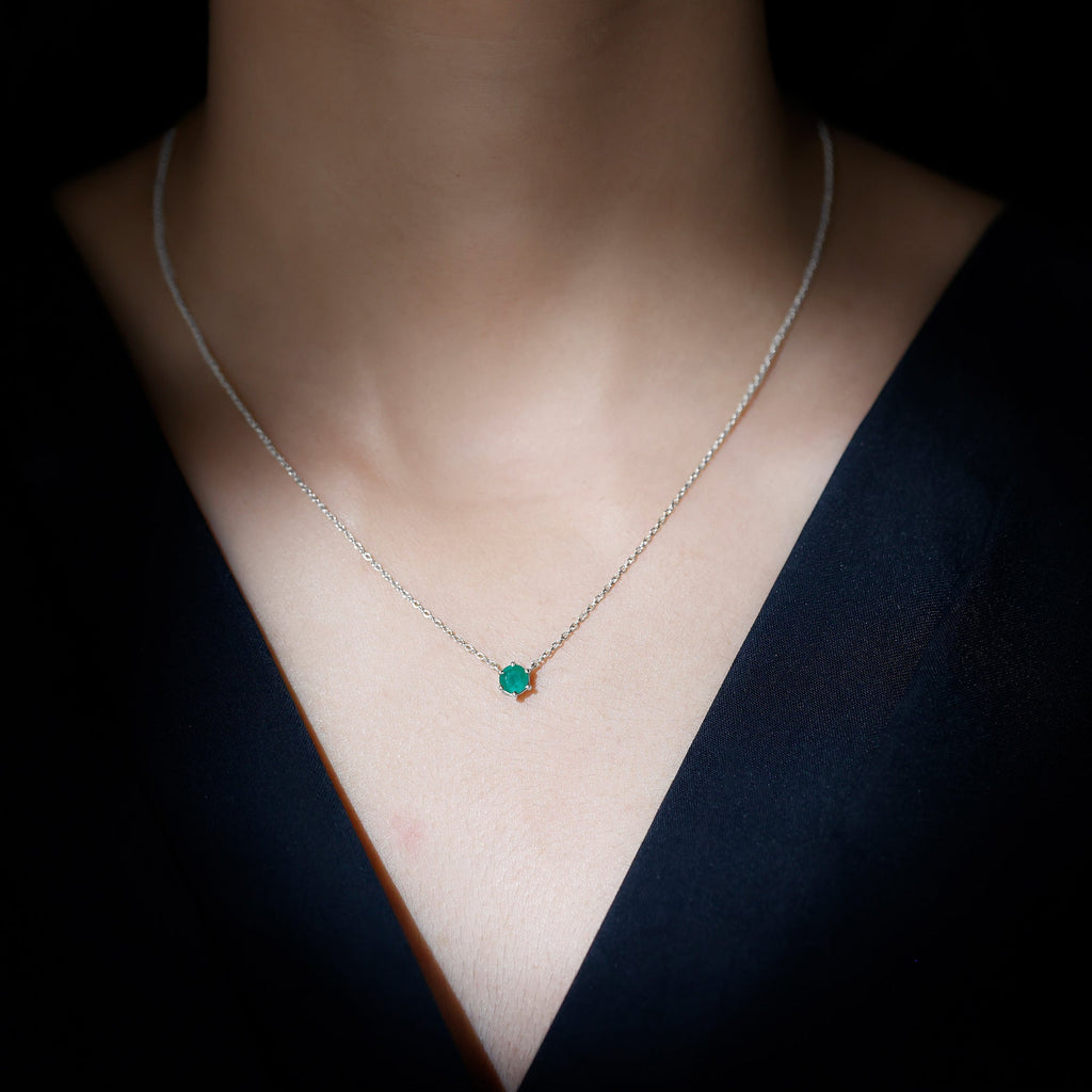 5MM Round Cut Solitaire Emerald Necklace in 6 Prong Setting