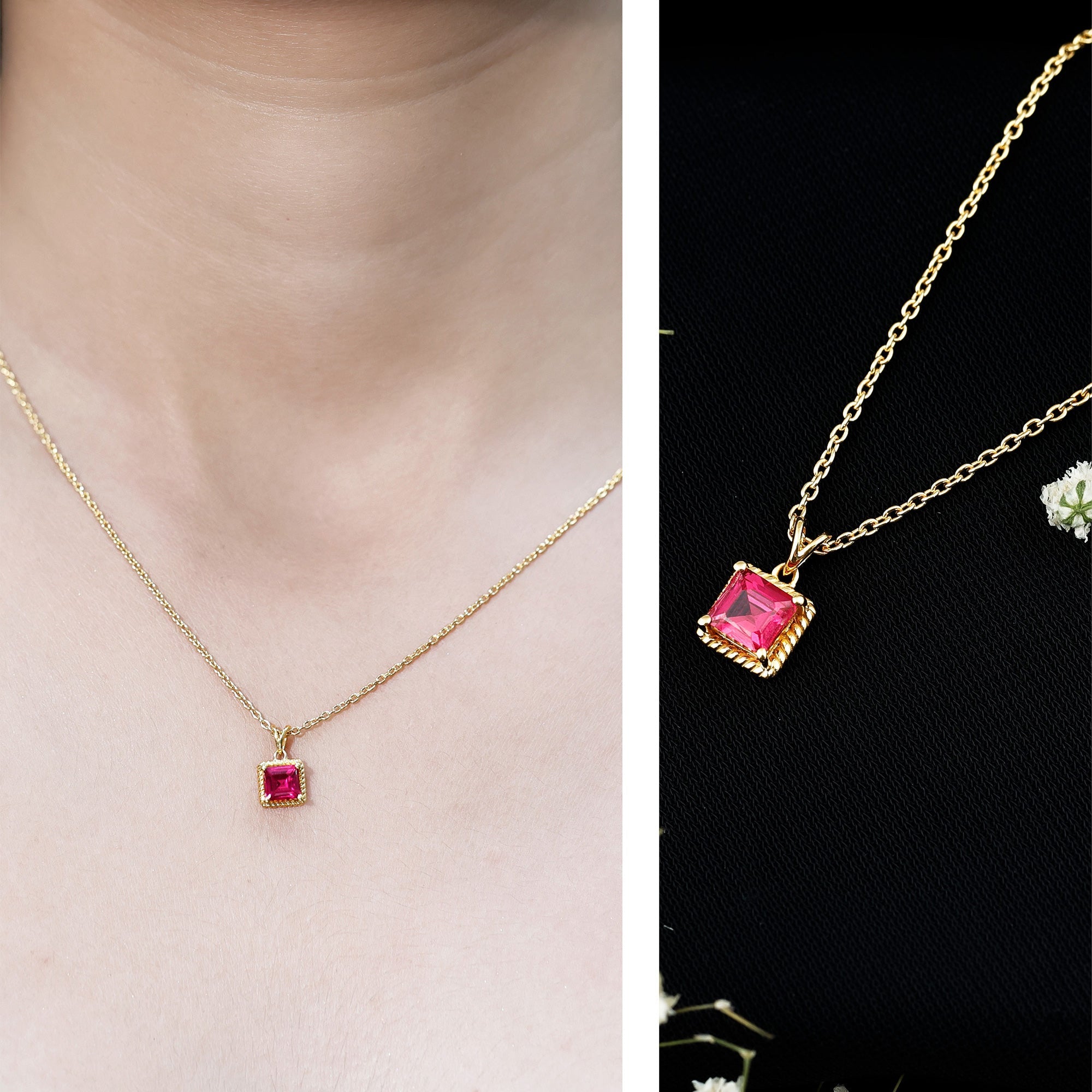 Princess Cut Lab Created Ruby Solitaire Pendant with Rope Frame