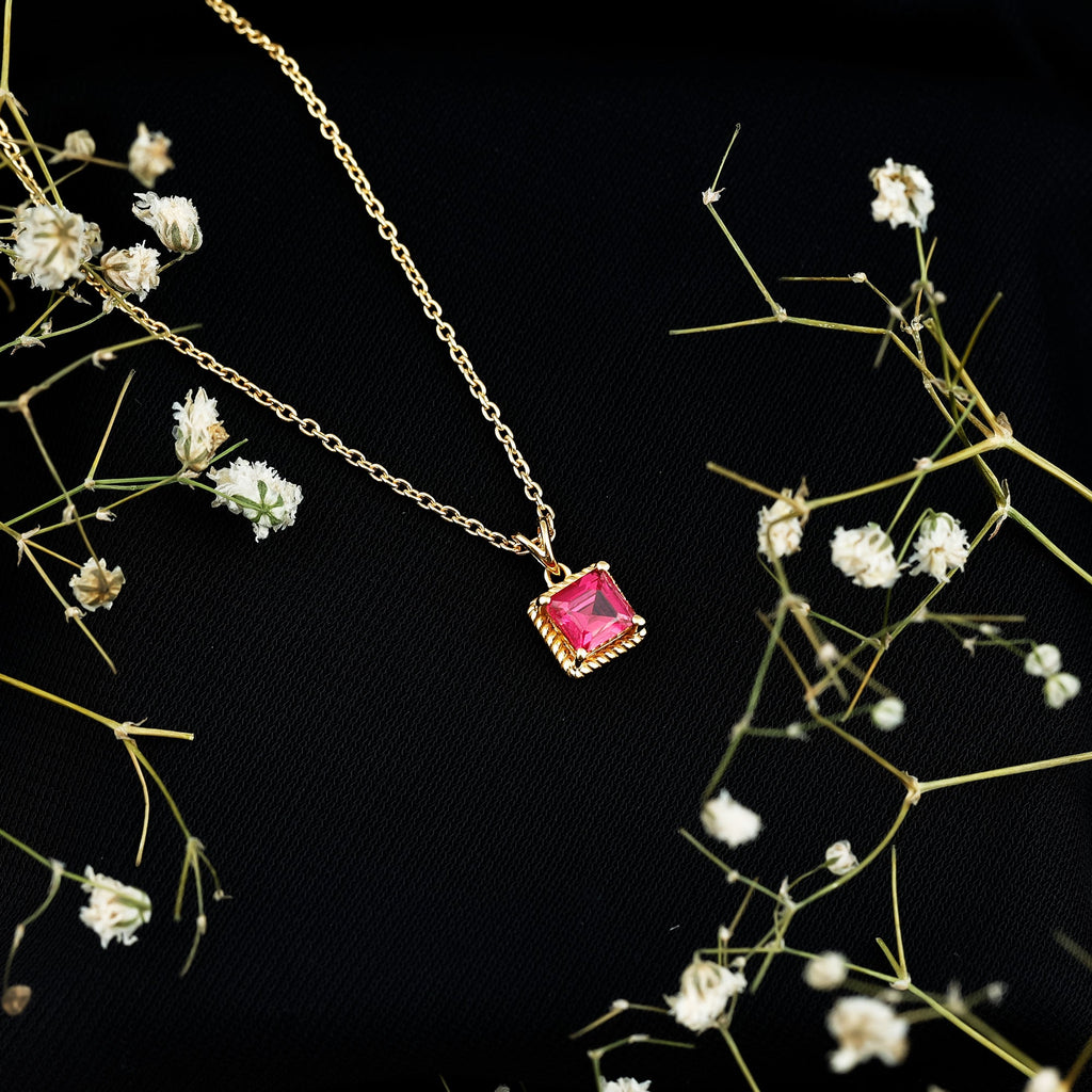 Princess Cut Lab Created Ruby Solitaire Pendant with Rope Frame