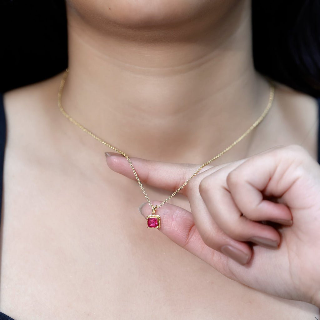 Princess Cut Lab Created Ruby Solitaire Pendant with Rope Frame