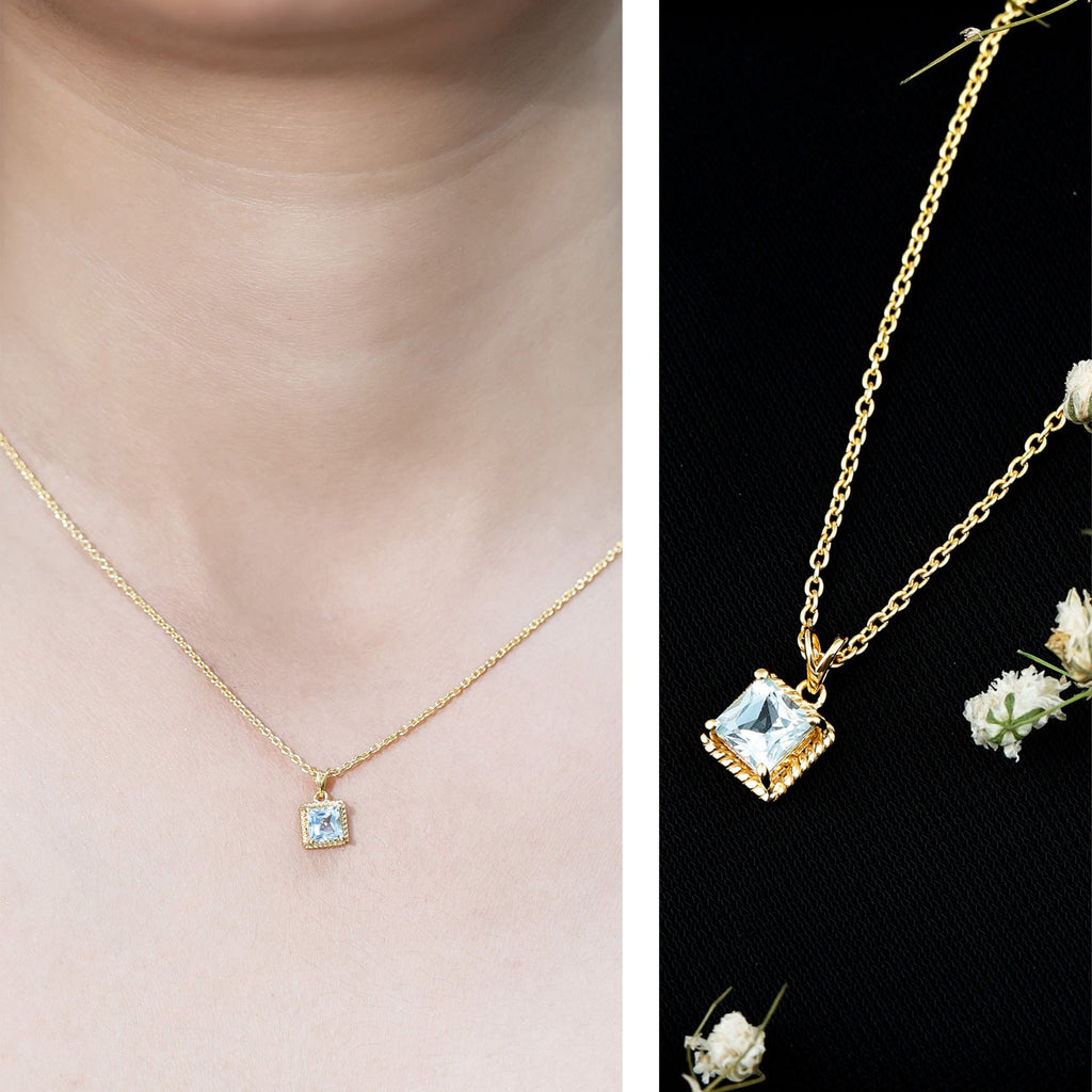 Sterling Silver Half Carat Princess Cut Sky Blue Topaz Pendant Necklace with Chain