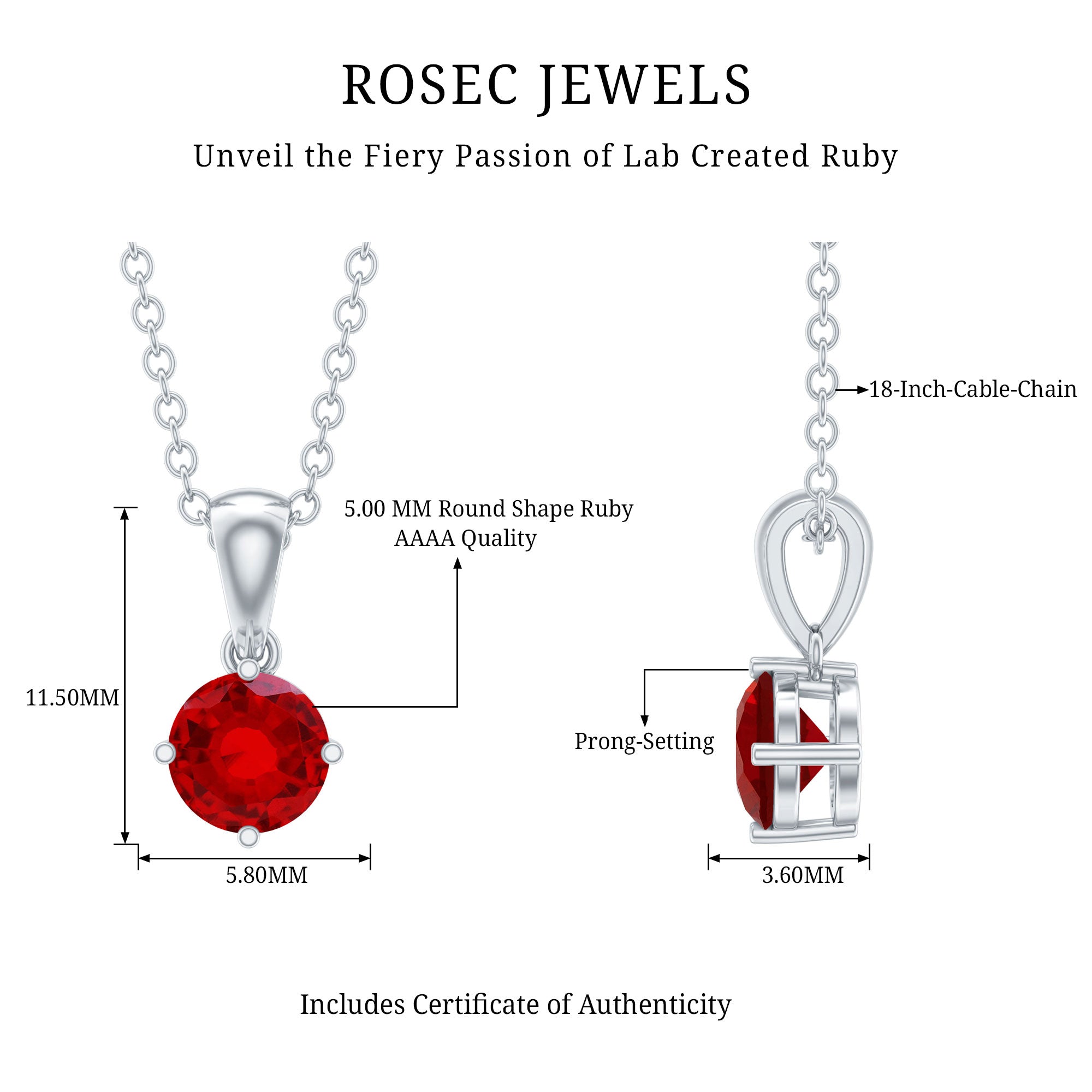 Womens Lab Grown Ruby Solitaire Necklace with Chain