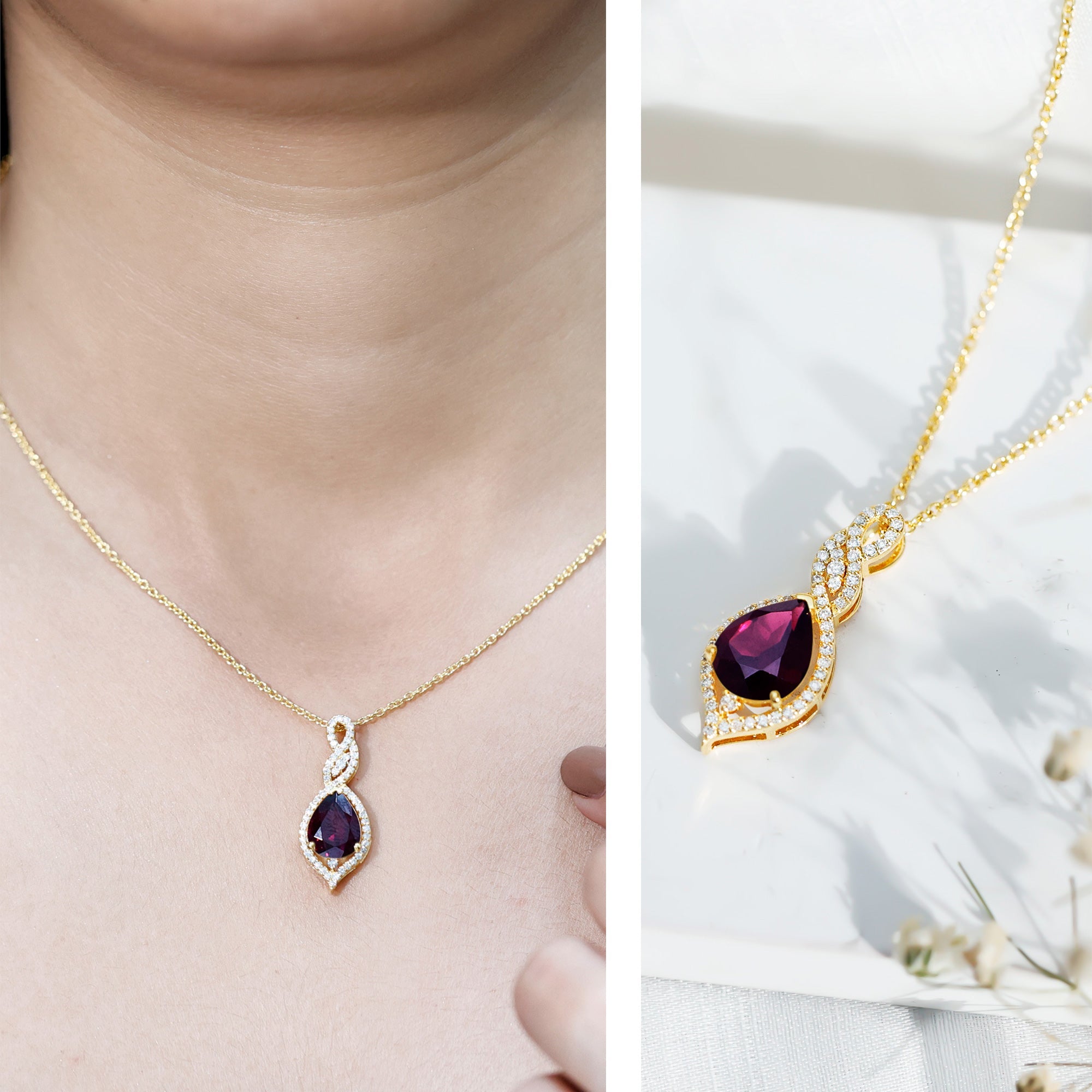 2.5 Carat Pear Shaped Rhodolite Diamond Wedding Necklace for Bride