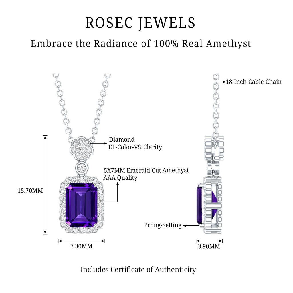 Genuine 1.1 Carat Emerald Cut Amethyst Vintage Necklace with Diamond Halo