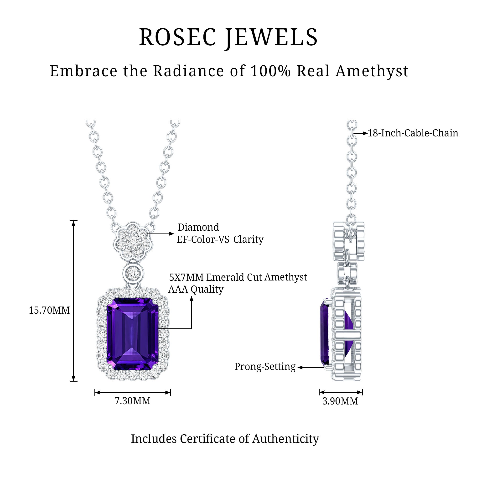 Genuine 1.1 Carat Emerald Cut Amethyst Vintage Necklace with Diamond Halo