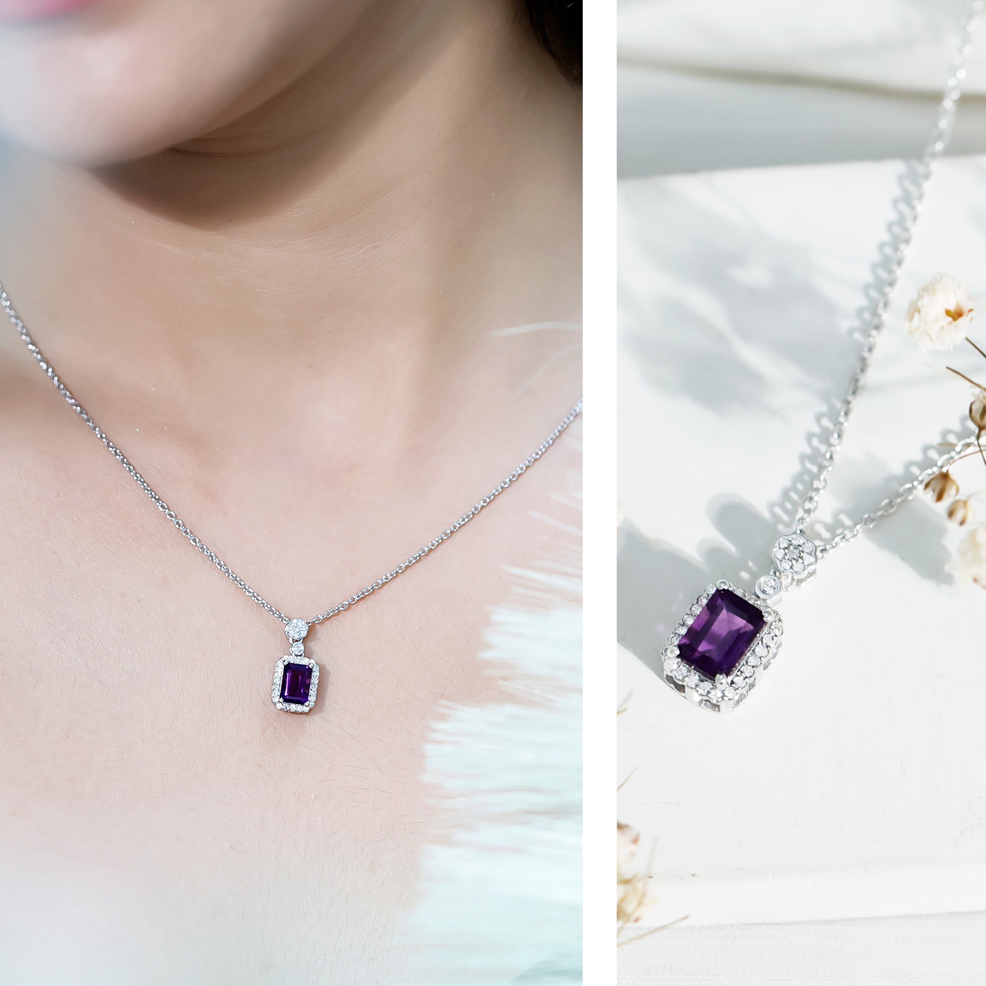 Genuine 1.1 Carat Emerald Cut Amethyst Vintage Necklace with Diamond Halo