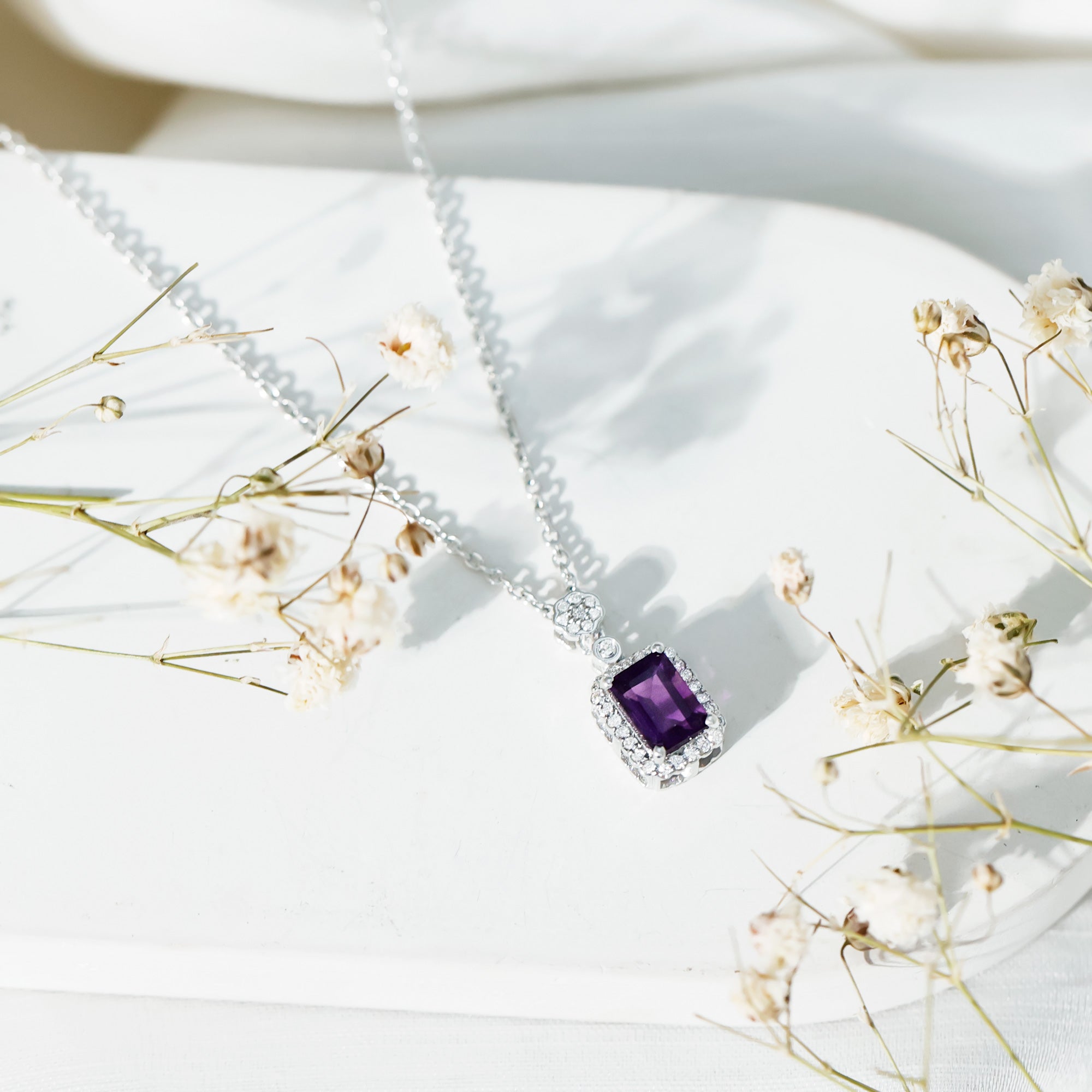 Genuine 1.1 Carat Emerald Cut Amethyst Vintage Necklace with Diamond Halo