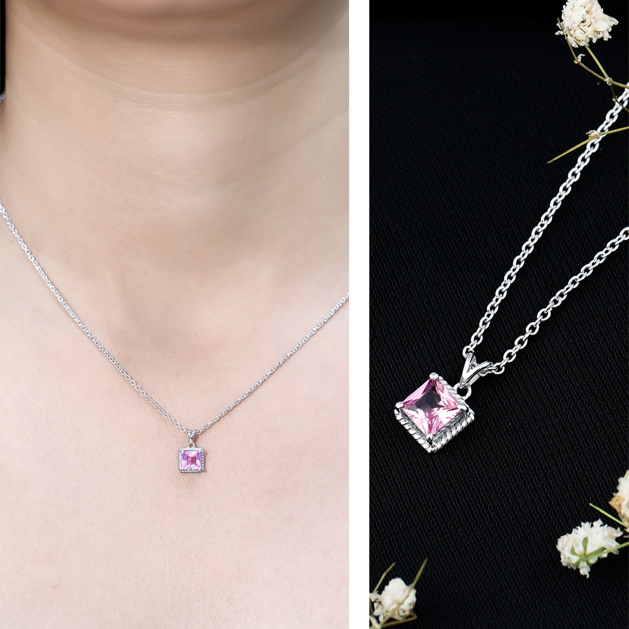 Princess Cut 0.7 Carat Lab Created Pink Sapphire Solitaire Pendant Necklace