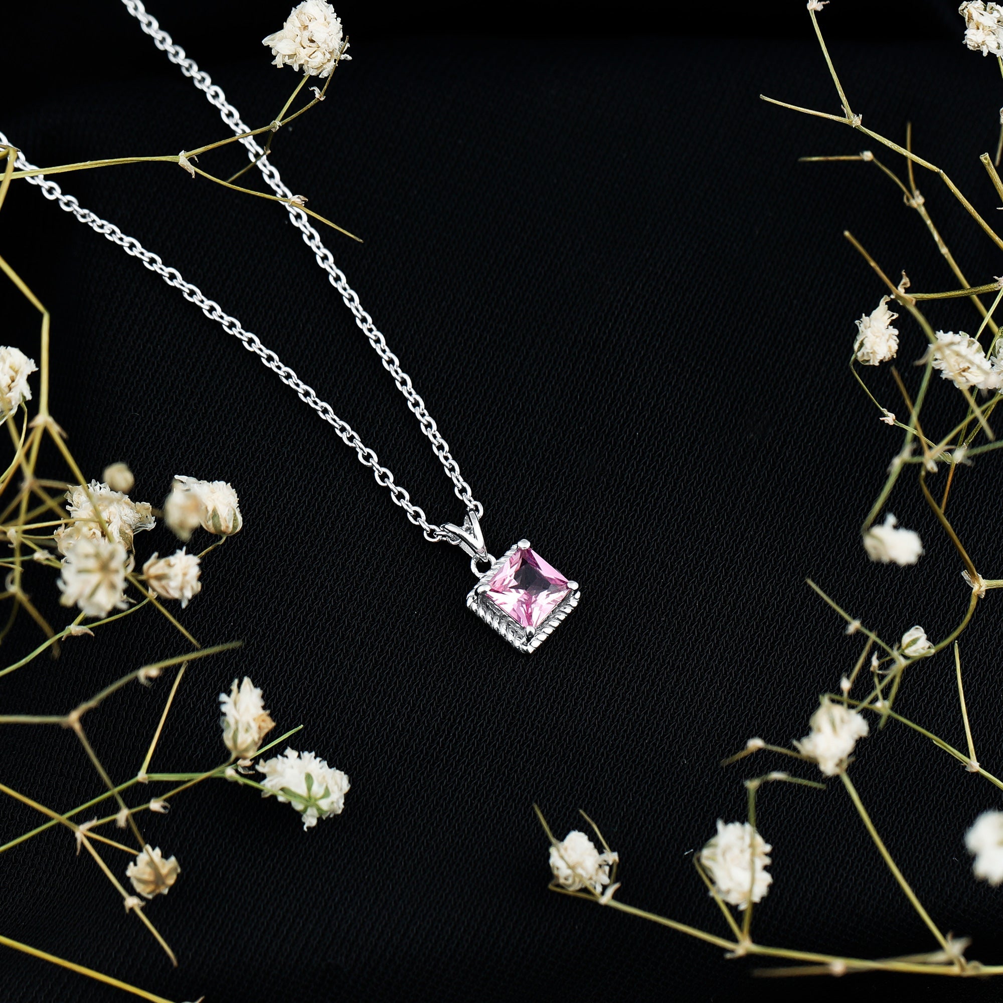 Princess Cut 0.7 Carat Lab Created Pink Sapphire Solitaire Pendant Necklace
