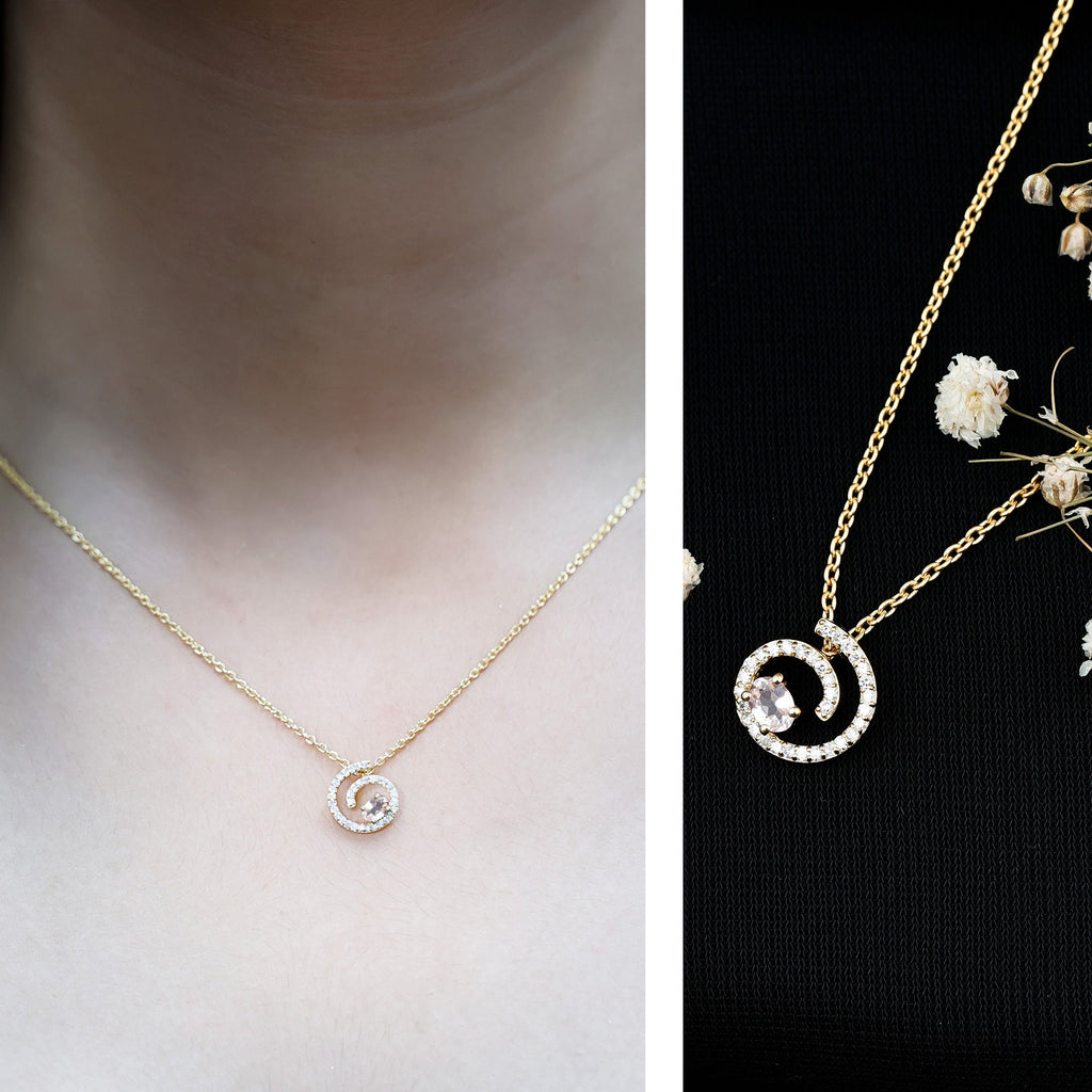 Yellow Gold Plated Silver Morganite Swirl Necklace with Lab Diamond