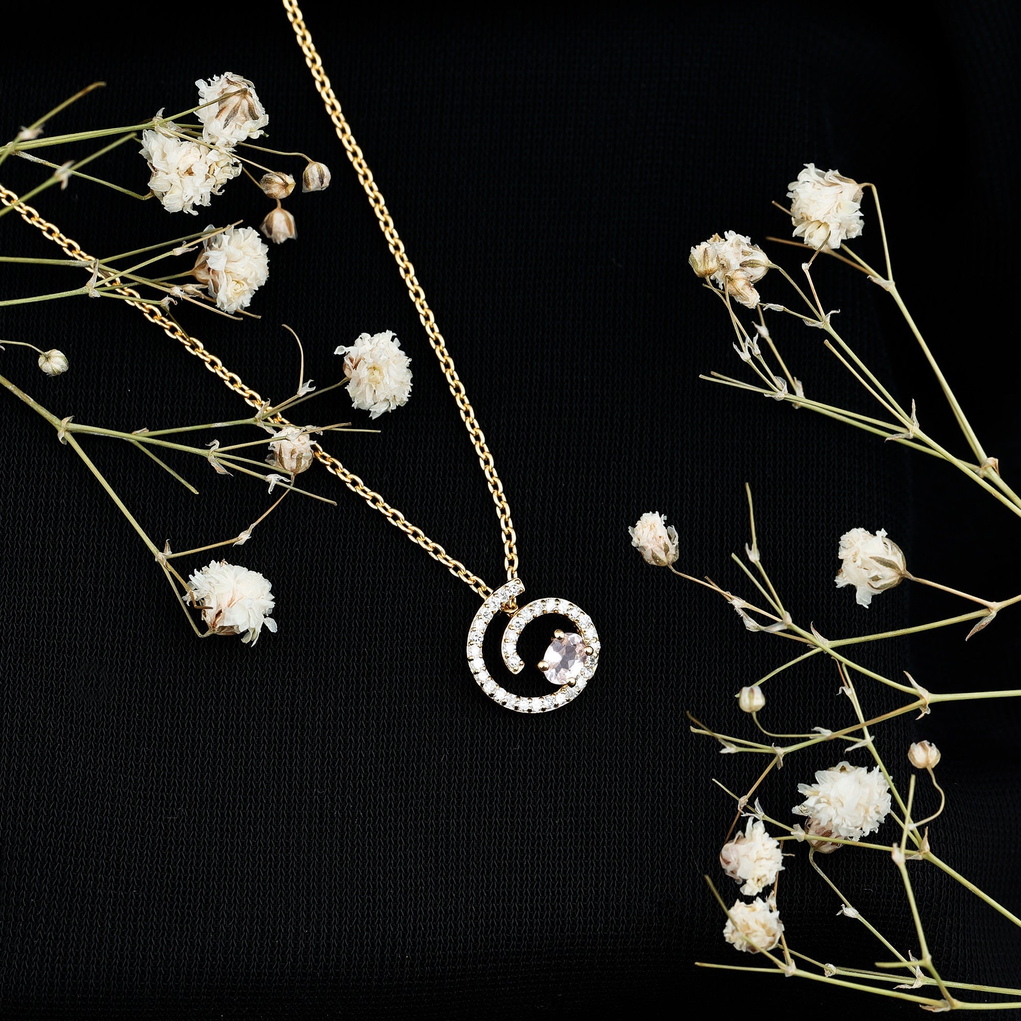 Yellow Gold Plated Silver Morganite Swirl Necklace with Lab Diamond