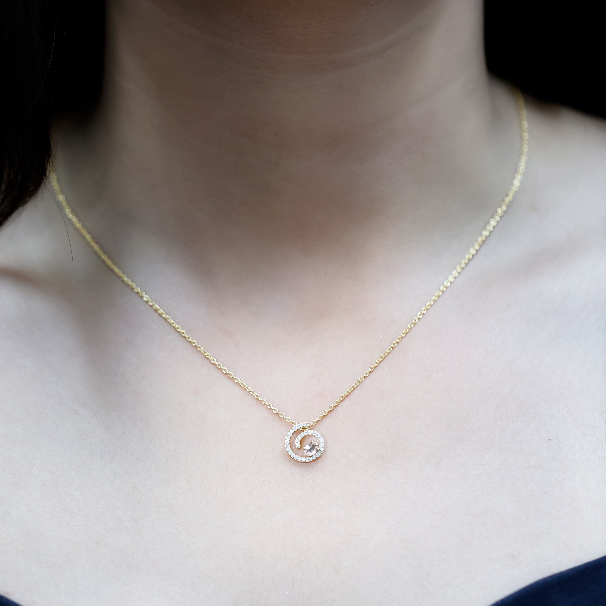 Yellow Gold Plated Silver Morganite Swirl Necklace with Lab Diamond