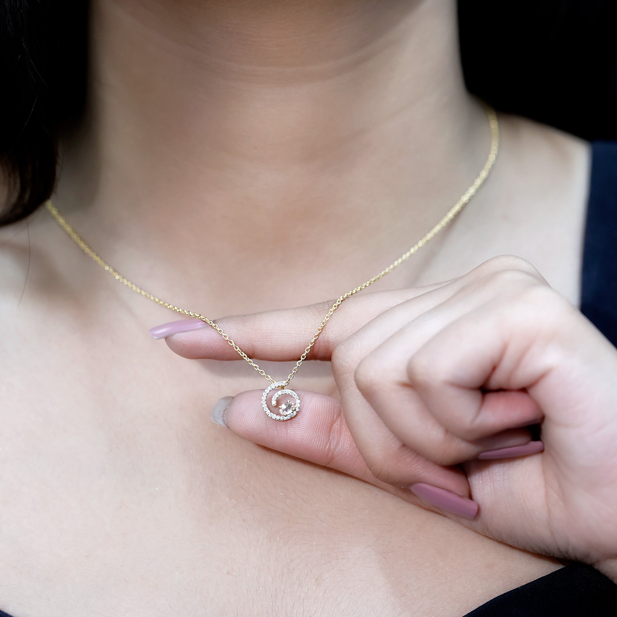 Yellow Gold Plated Silver Morganite Swirl Necklace with Lab Diamond