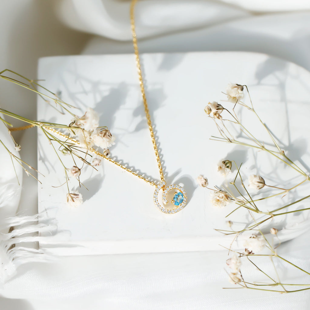 Genuine Sky Blue Topaz and Diamond Swirl Necklace with Silver Chain