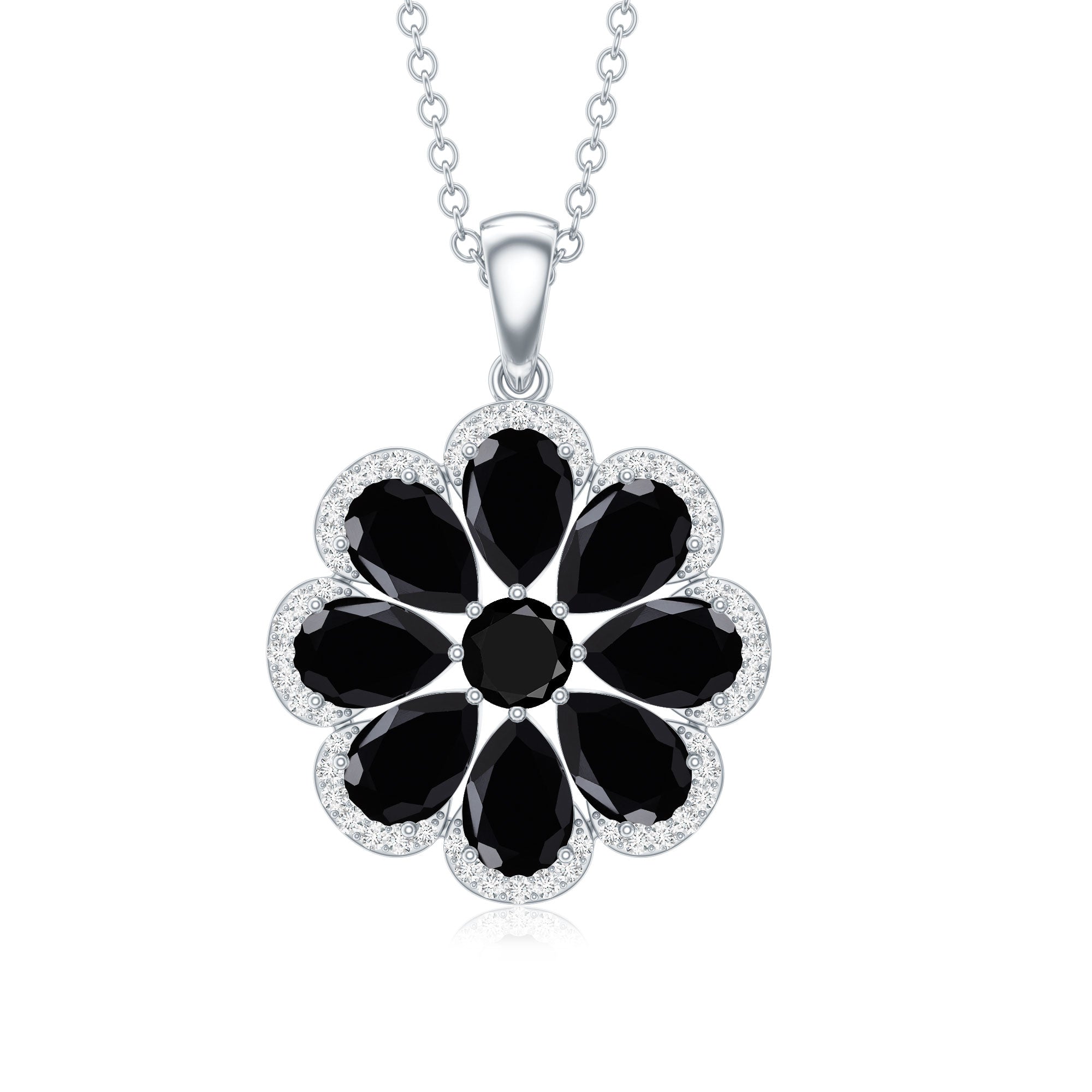 Certified Black Spinel Flower Necklace with Moissanite Halo