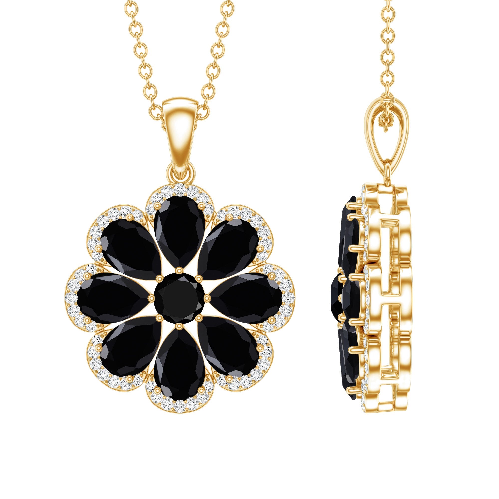 Certified Black Spinel Flower Necklace with Moissanite Halo | Pendants | Wiccan Center
