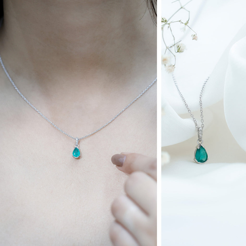 Pear Cut Emerald Solitaire Pendant with Diamond Accent Bail