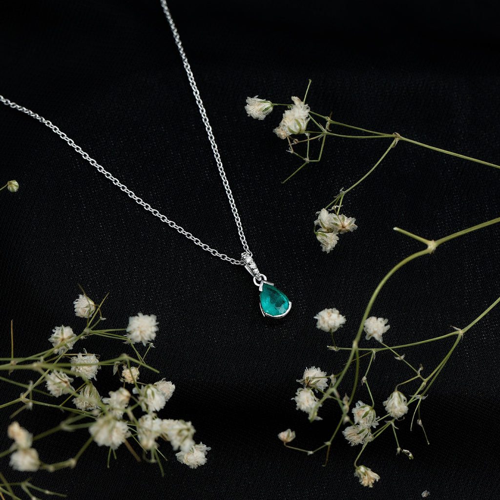 Pear Cut Emerald Solitaire Pendant with Diamond Accent Bail