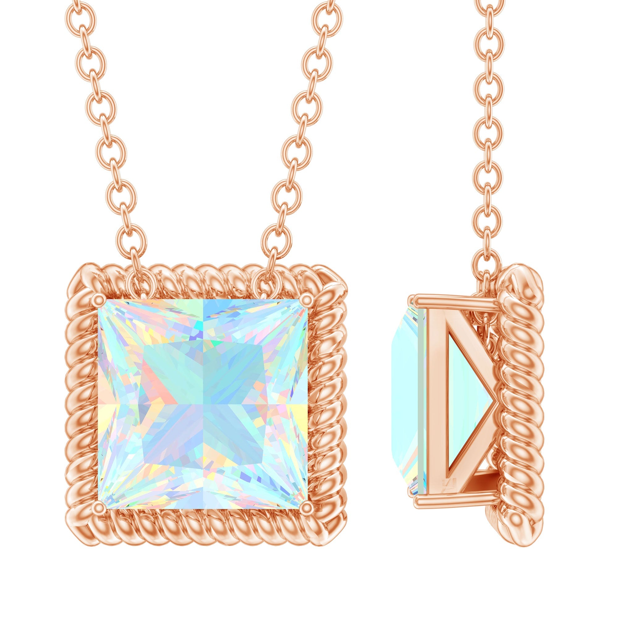 2 Carat Princess Cut Ethiopian Opal Solitaire Necklace with Rope Frame | Necklace | Wiccan Center