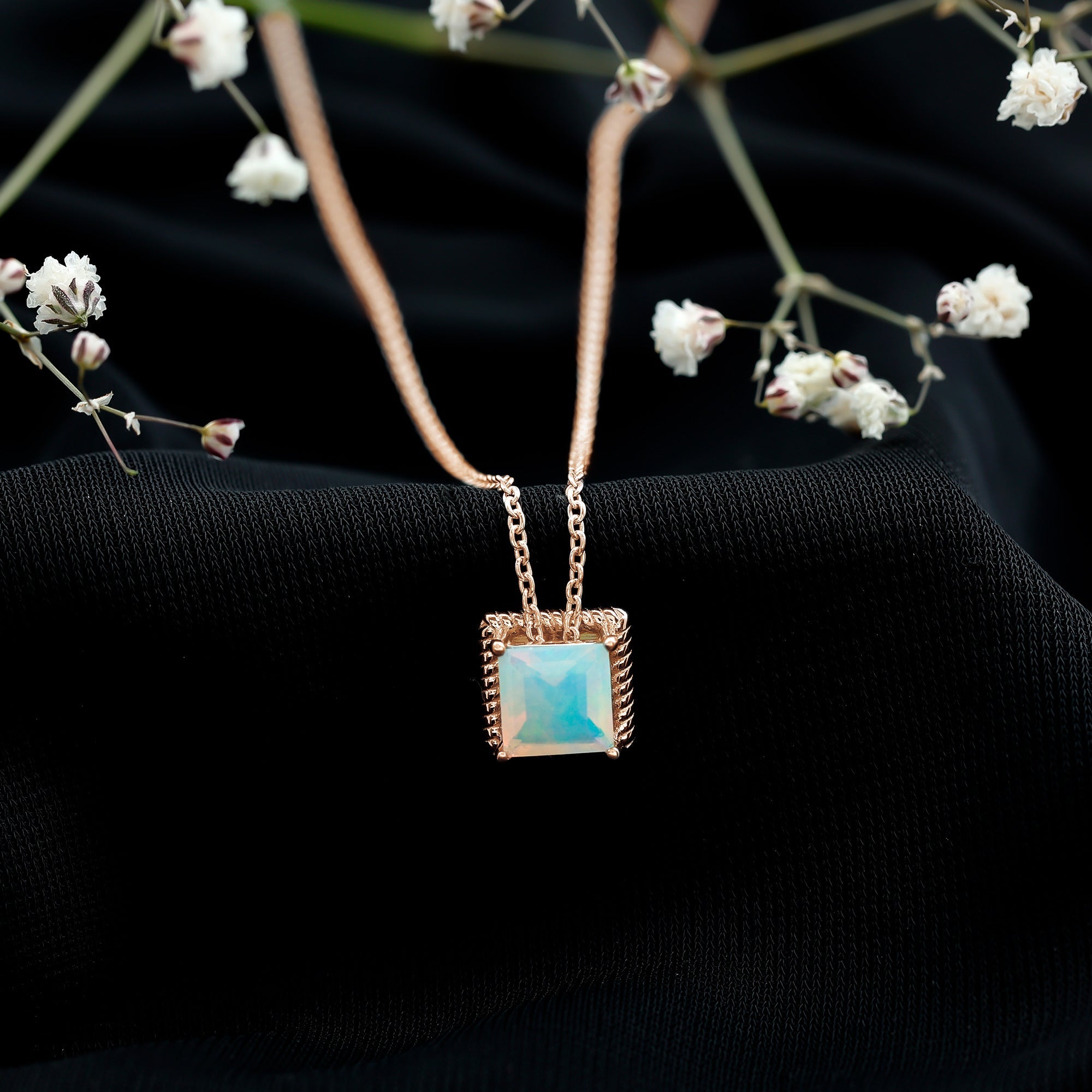 2 Carat Princess Cut Ethiopian Opal Solitaire Necklace with Rope Frame