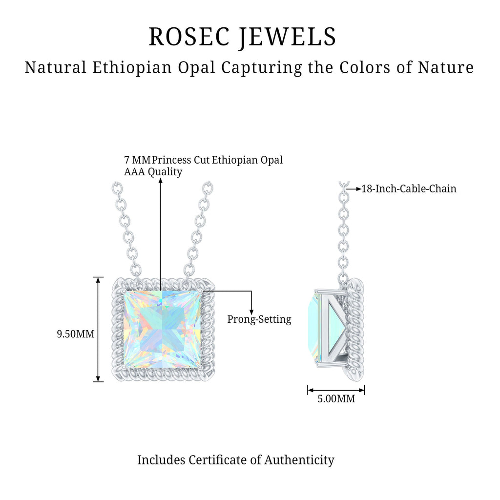 2 Carat Princess Cut Ethiopian Opal Solitaire Necklace with Rope Frame