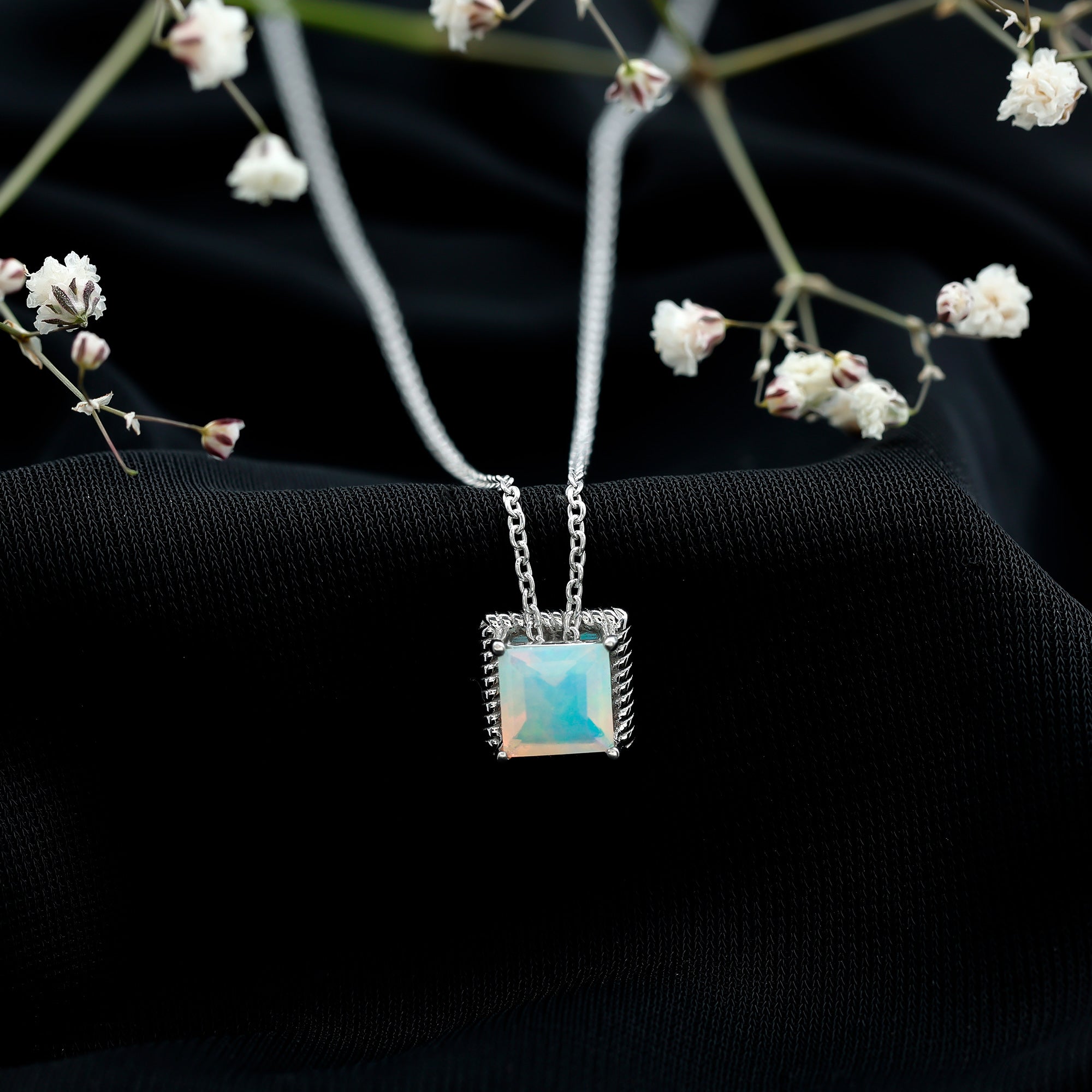 2 Carat Princess Cut Ethiopian Opal Solitaire Necklace with Rope Frame