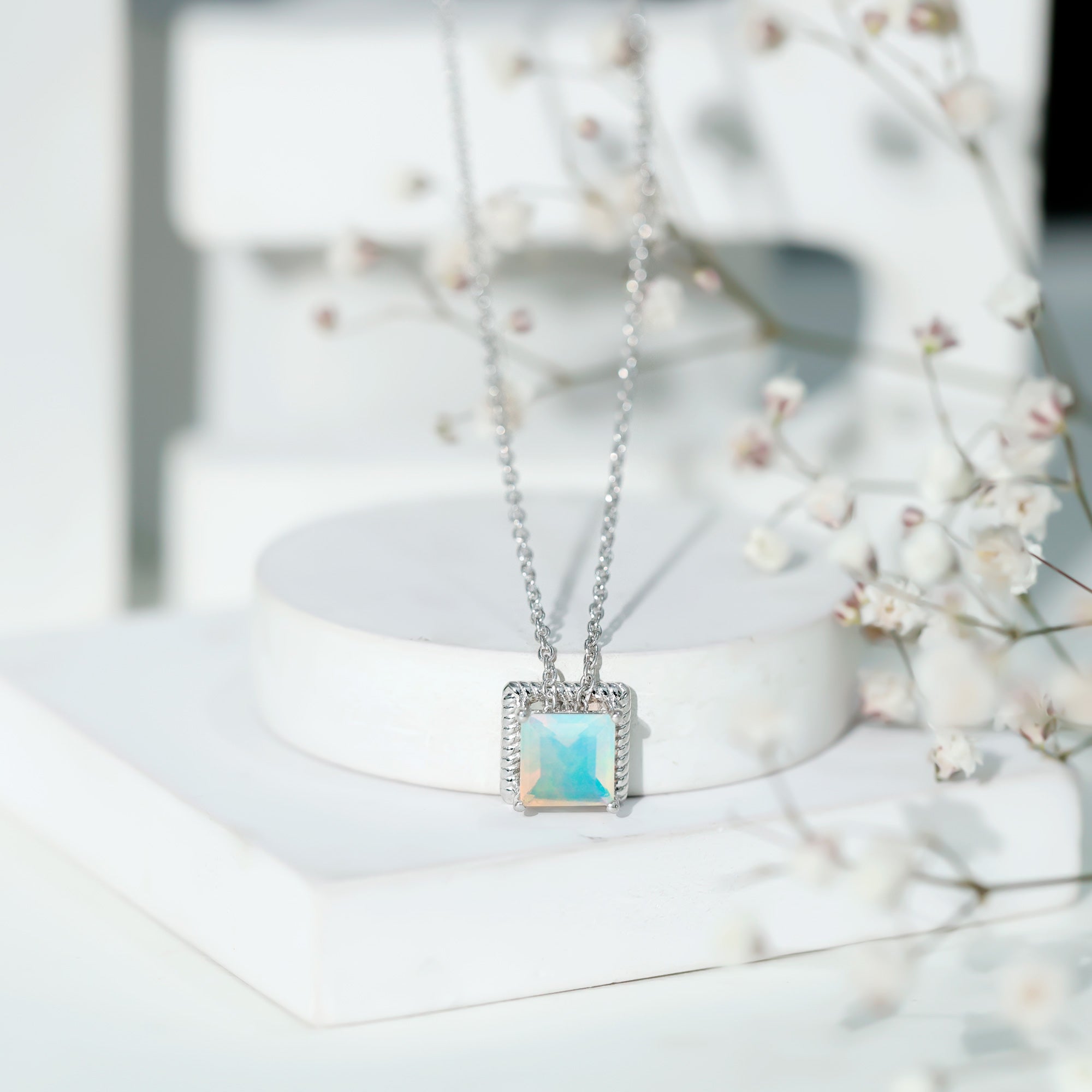 2 Carat Princess Cut Ethiopian Opal Solitaire Necklace with Rope Frame