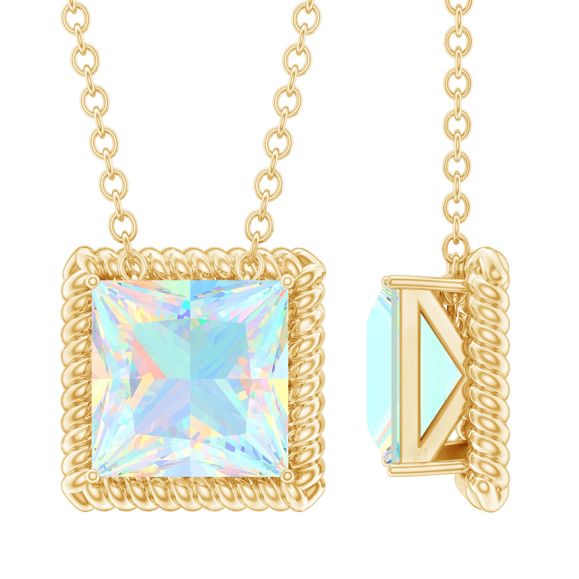2 Carat Princess Cut Ethiopian Opal Solitaire Necklace with Rope Frame | Necklace | Wiccan Center