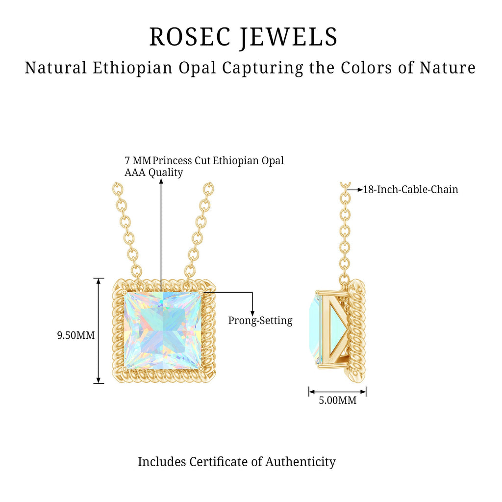 2 Carat Princess Cut Ethiopian Opal Solitaire Necklace with Rope Frame