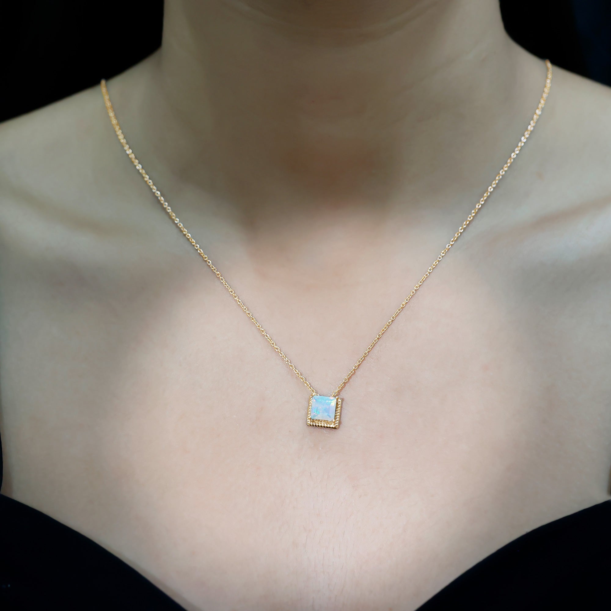 2 Carat Princess Cut Ethiopian Opal Solitaire Necklace with Rope Frame