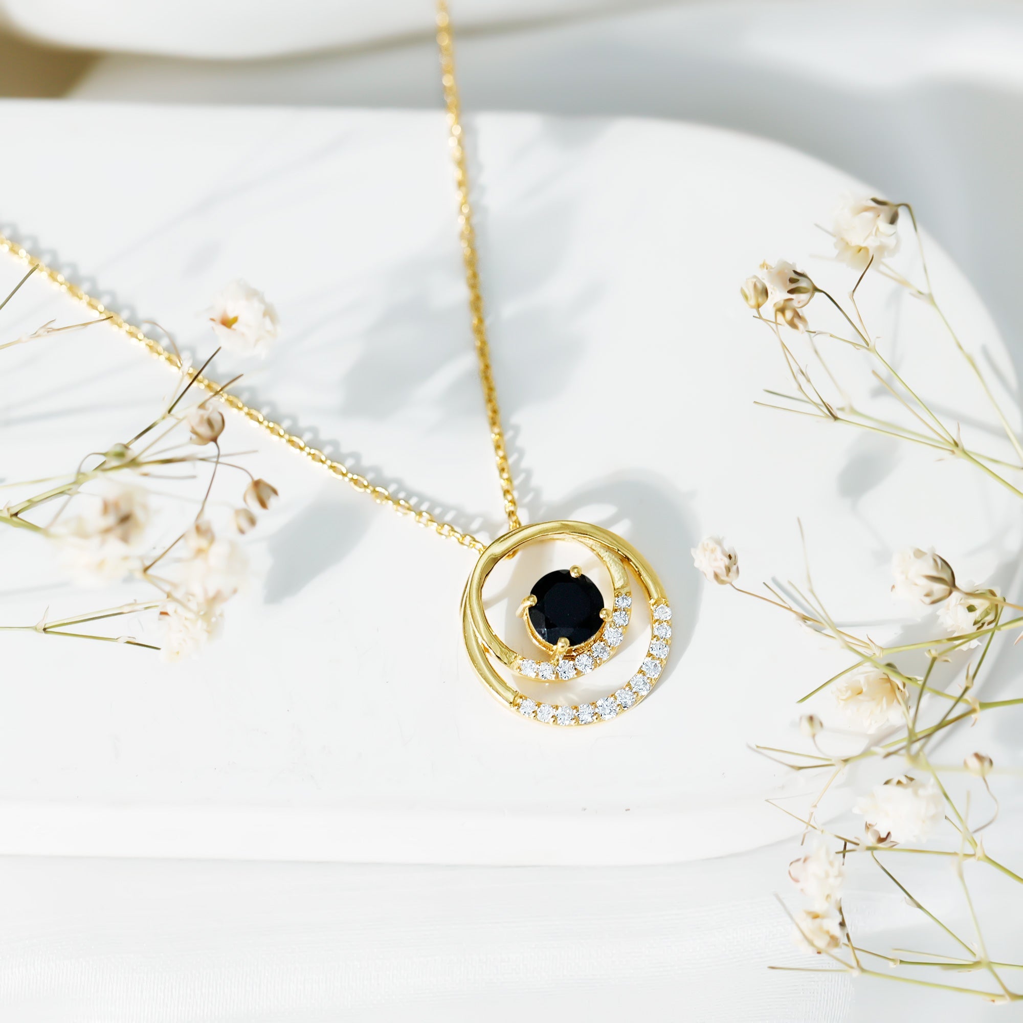 Lab Created Black and White Diamond Circle Necklace With Silver Chain