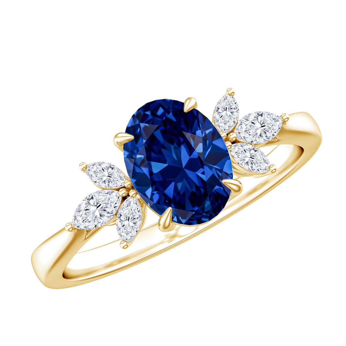 Certified 1.5 Carat Oval Lab Grown Blue Sapphire Engagement Ring with Diamond Trio | Rings | Wiccan Center