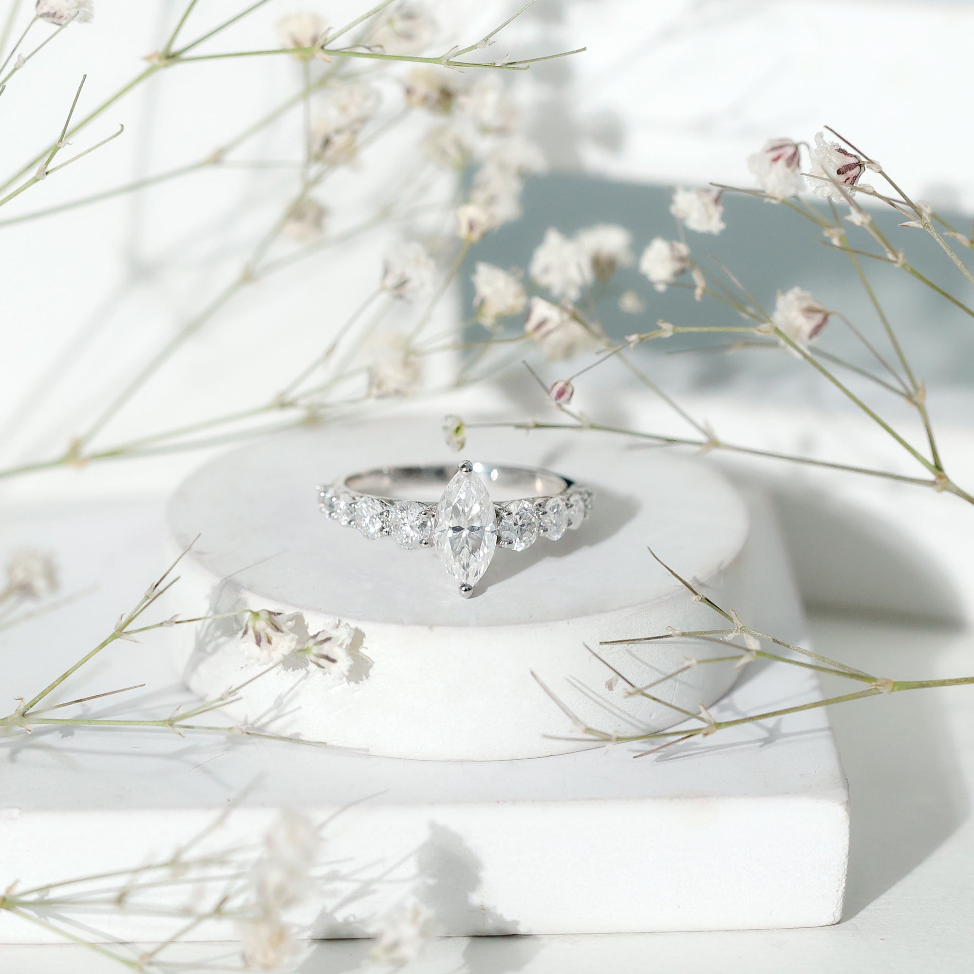 Marquise Moissanite Engagement Ring With Side Stones