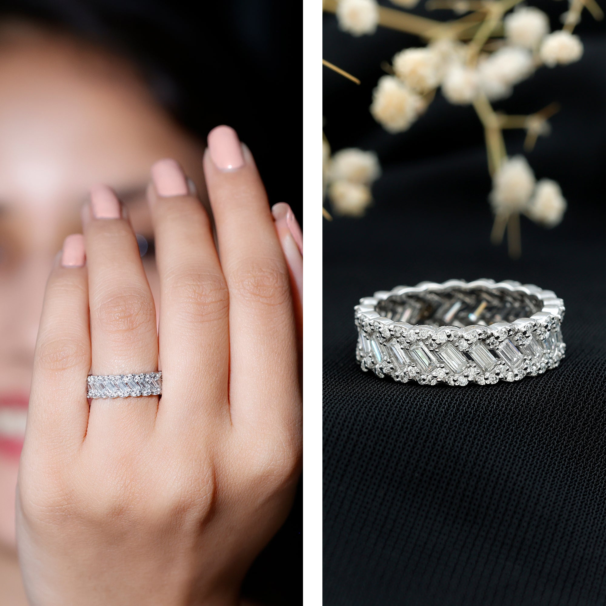 Baguette and Round Moissanite Braided Wedding Band