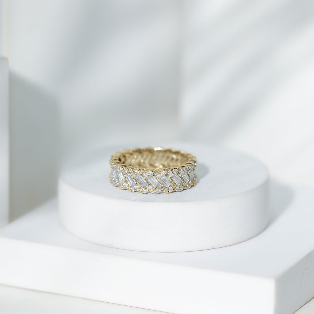 Baguette and Round Moissanite Braided Wedding Band