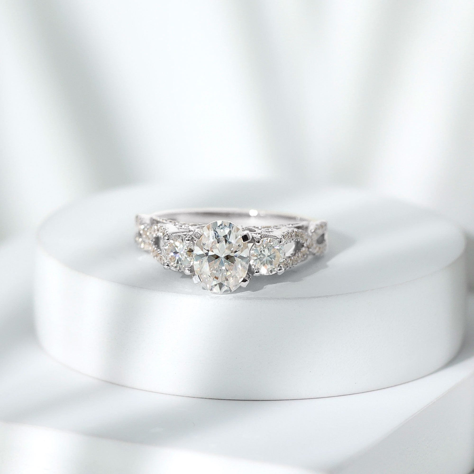 Certified Moissanite Three Stone Engagement Ring with Crossover Shank