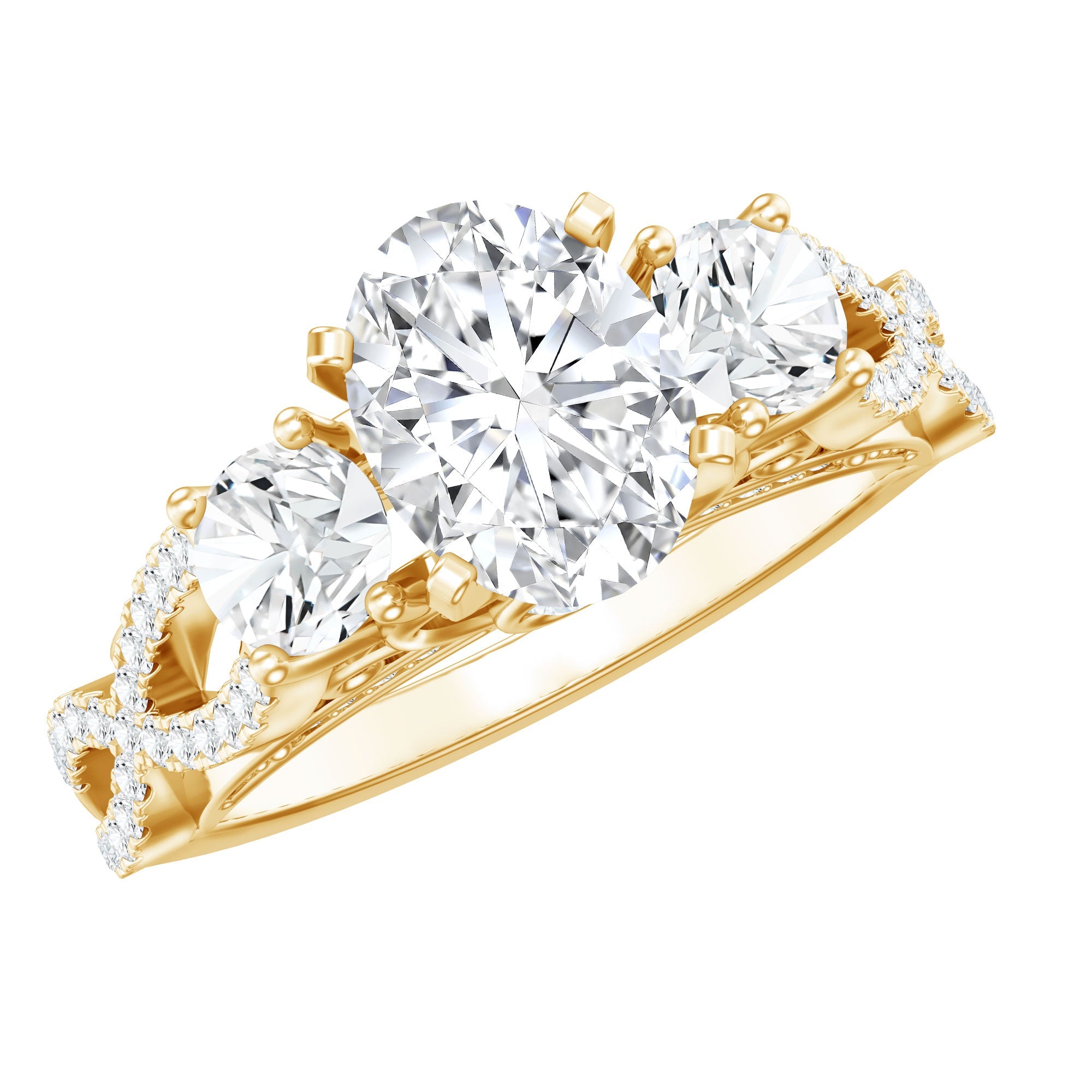 Certified Moissanite Three Stone Engagement Ring with Crossover Shank | Rings | Wiccan Center