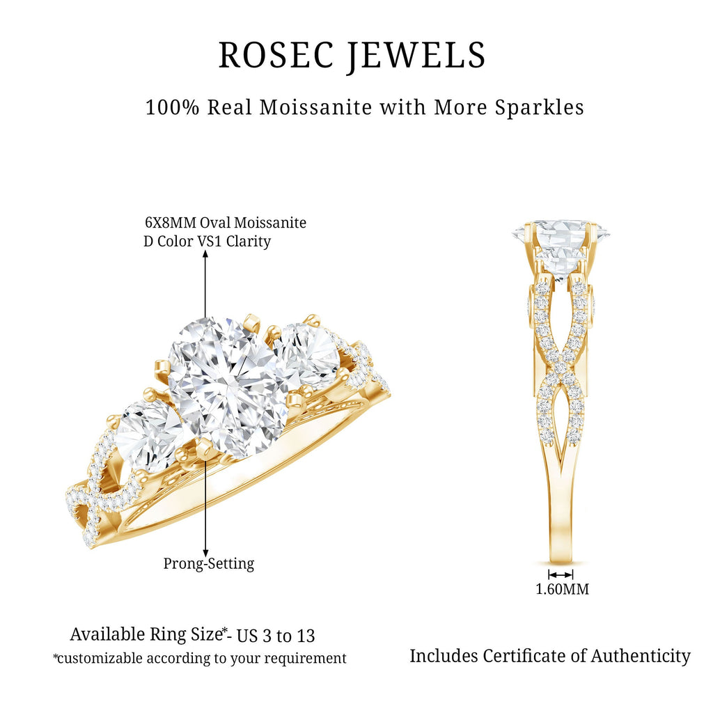 Certified Moissanite Three Stone Engagement Ring with Crossover Shank