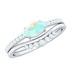 Natural Ethiopian Rainbow Opal Diamond East West Engagement Ring Wedding Band Set | Rings | Wiccan Center