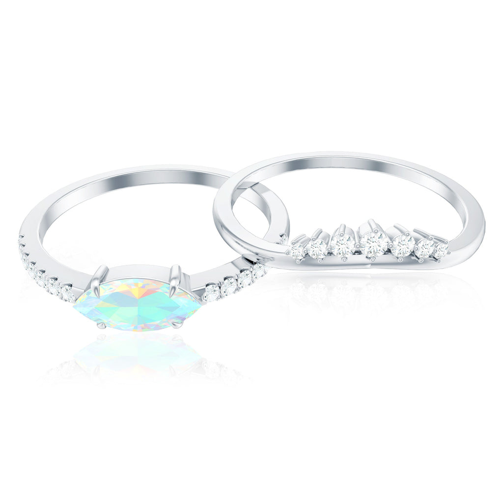 Natural Ethiopian Rainbow Opal Diamond East West Engagement Ring Wedding Band Set