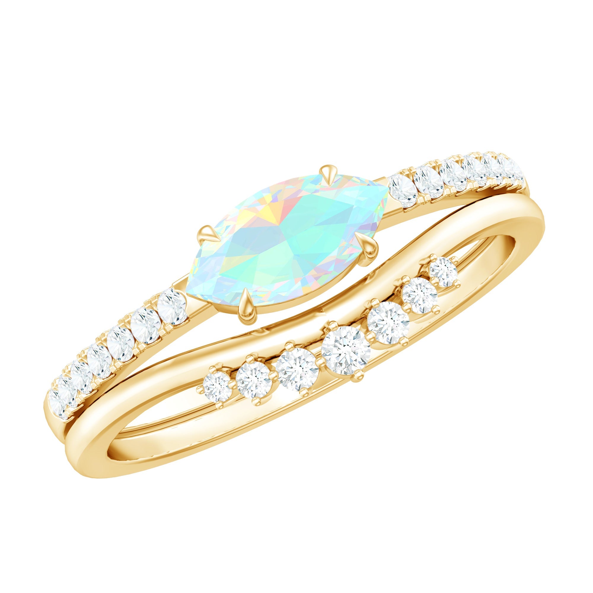 Natural Ethiopian Rainbow Opal Diamond East West Engagement Ring Wedding Band Set | Rings | Wiccan Center